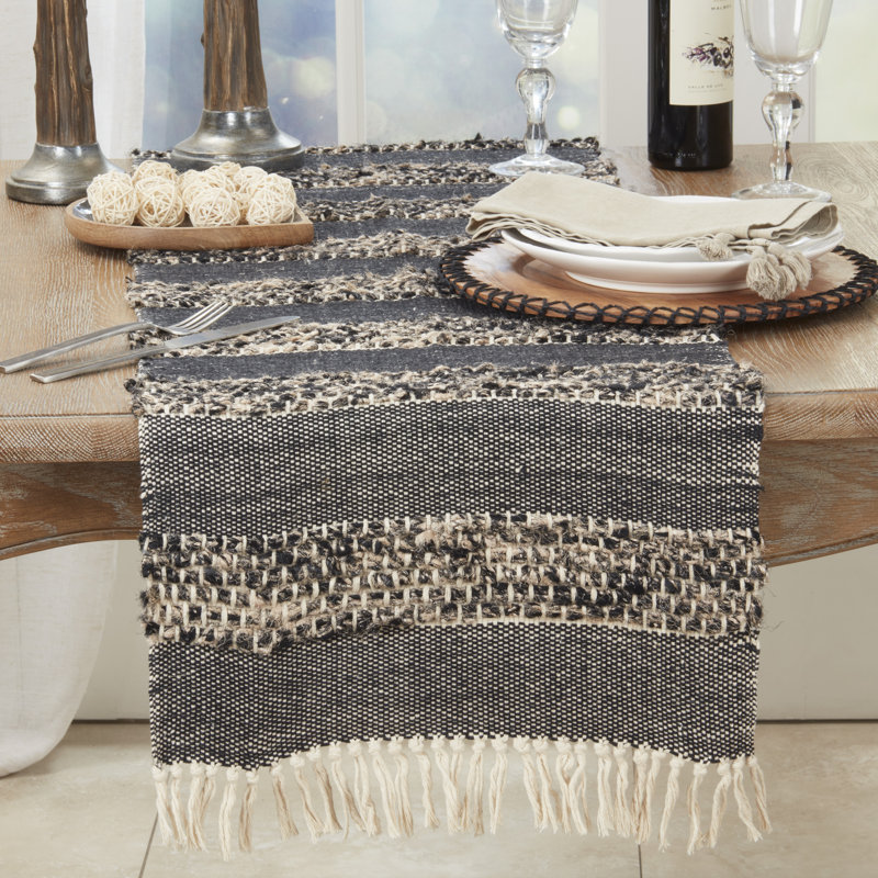 Black and Beige Cotton Tassel Trimmed Striped Table Runner