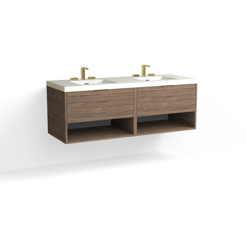 Modo 60" W Wall Mounted Double Bathroom Vanity, Matte White/8" Widespread, Satin Brass, White Acrylic