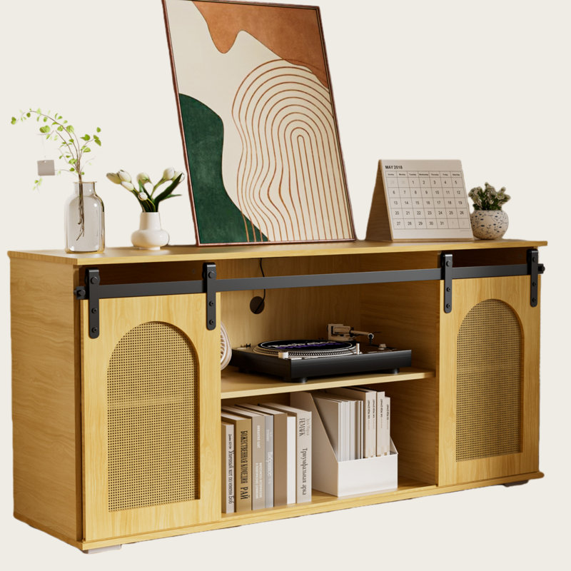 Farmhouse Wood Buffet Sideboard With 2 Rattan Sliding Doors Multi-functional Storage Cabinet With Shelves, Natural
