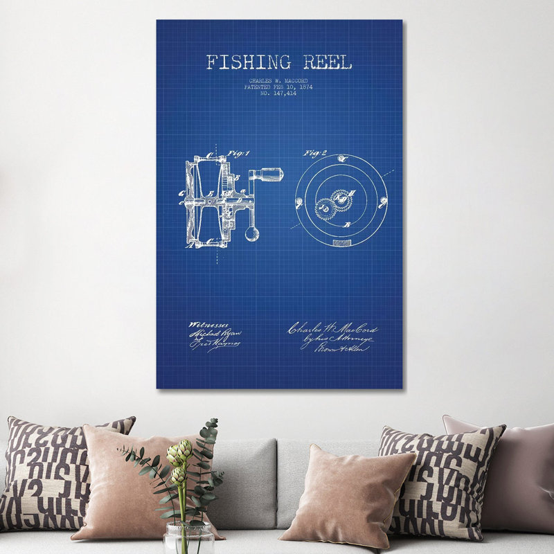 Charles W. MacCord Fishing Reel Patent Sketch (Blue Grid) by Aged Pixel - Wrapped Canvas Gallery-Wrapped Canvas Giclée
