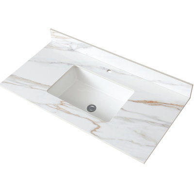 Dessus de meuble-lavabo en marbre blanc 43 po pour salle de bain - Lavabo rectangulaire encastré, dosseret 4 po, trou de robinet pré-percé, correspond aux armoires l 42 po x P 21 po 43 po x 42 po x 21 po