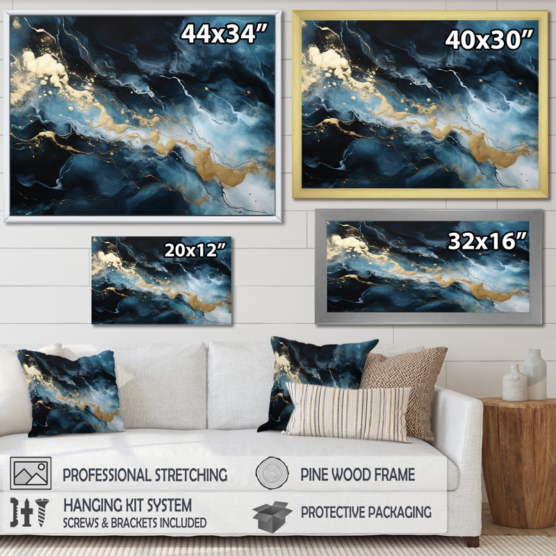 Or mystique marbré abstrait doré et bleu - décoration murale en marbre, Toile tendue, H 24 po x l 32 po x P 1 po