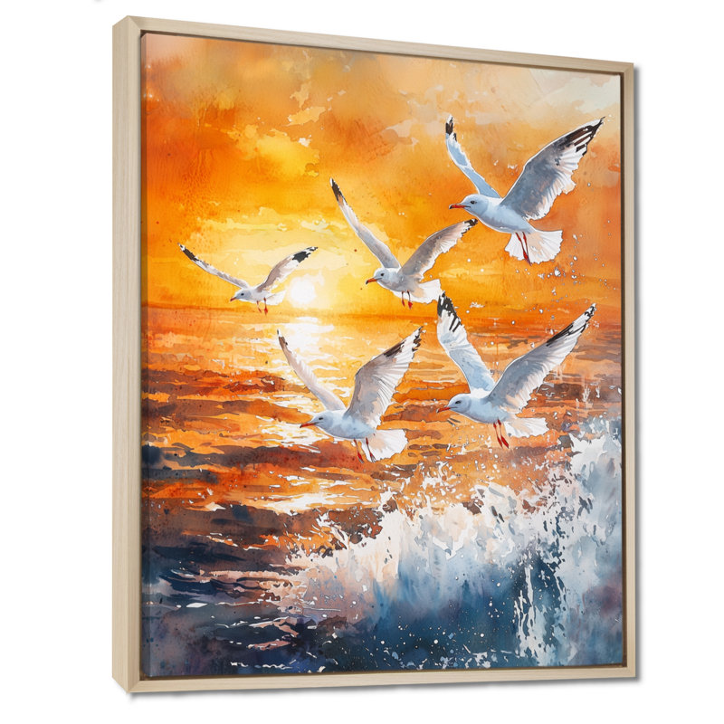 Axen Seagulls At Sunrise I - Art mural oiseau pour le salon, H 32 po x l 24 po, Impression encadrée flottante, Crème, crème