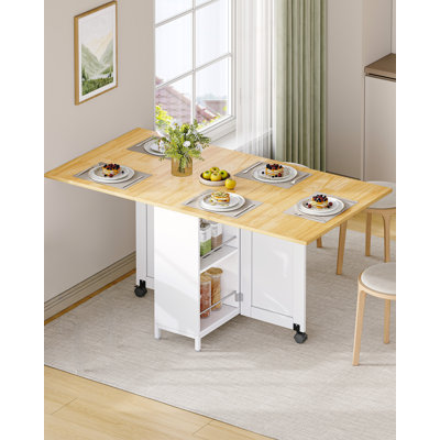 Folding Dining Table for 4-6, Drop Leaf Table with 4 Wheels & Storage Drawers, Cabinets and 2-Tier Open Shelves for Small Spaces, Kitchen, Dining Room