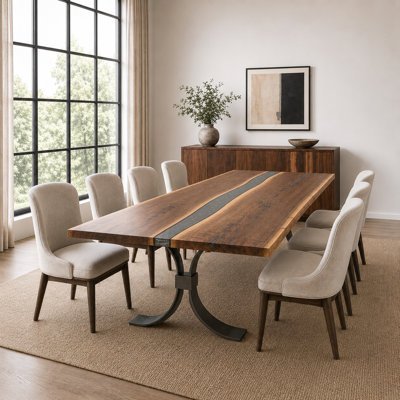 Live Edge Walnut River Table, Dolphin Gray Epoxy, Twisted Knuckle Base, 96"L x 42"-48"W