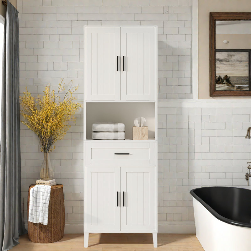 Grande armoire de salle de bain autoportante avec 1 tiroir, 2 armoires, 4 portes à fermeture douce, 2 tablettes réglables et un rangement ouvert