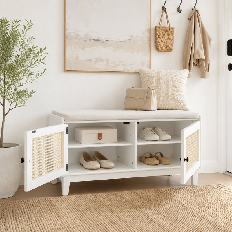 Banc en rotin avec rangement pour chaussures Boho, Beige, blanc