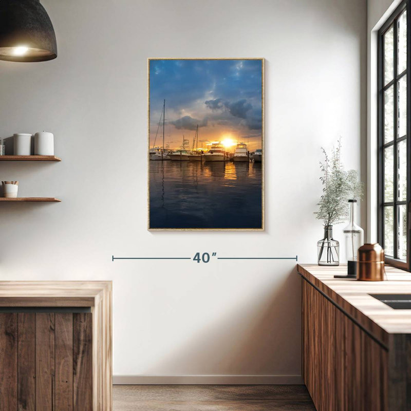 Miami Marina At Sunset, Floating Frame Natural Wood, 25" x 37"