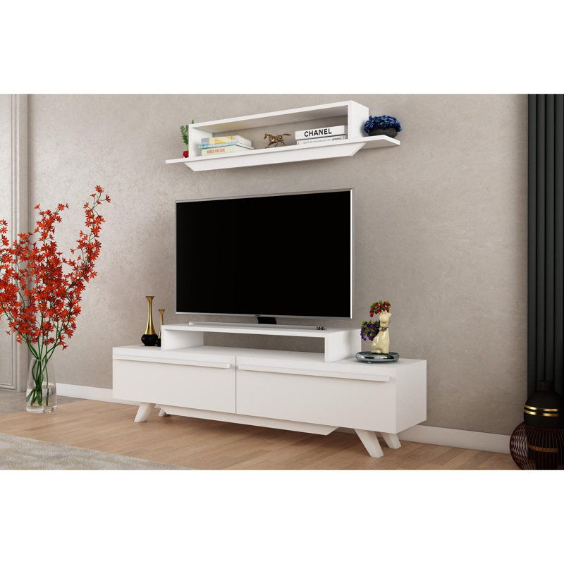 Modern TV Unit with Wall Shelf, White, 59.1 x 19.3 x 12.2 inches | 100% Melamine Coated Particle Board, Thickness: 0.7 inches | Stylish Design Perfect for Living Room & Entertainment Spaces, Durable & Elegant