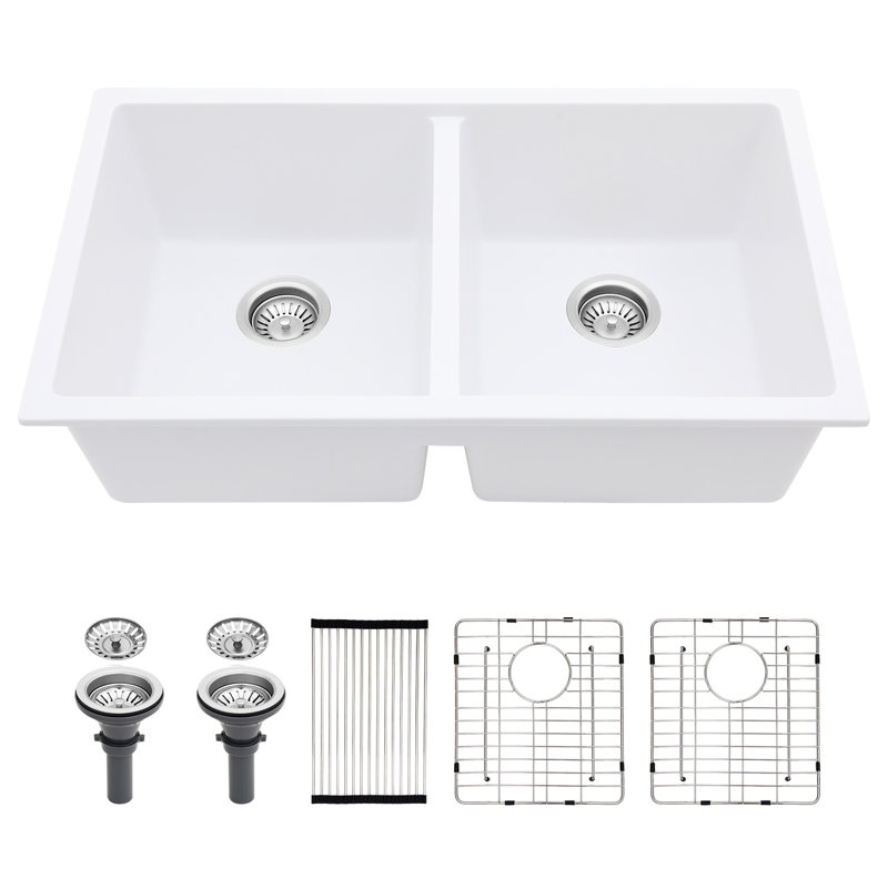 Évier de cuisine 33 x 19 po à double cuve en granit composite 50/50 en quartz blanc, surface silencieuse et anti-égratignures, qui réduit la saleté, est livré avec une grille de séchage et un évier blanc à grille inférieure, en composite épais,