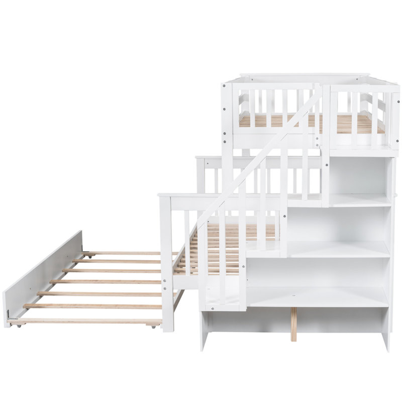 Lit superposé simple avec garde-corps, lit gigogne simple et rangement spacieux - Bois massif blanc pour la chambre à coucher