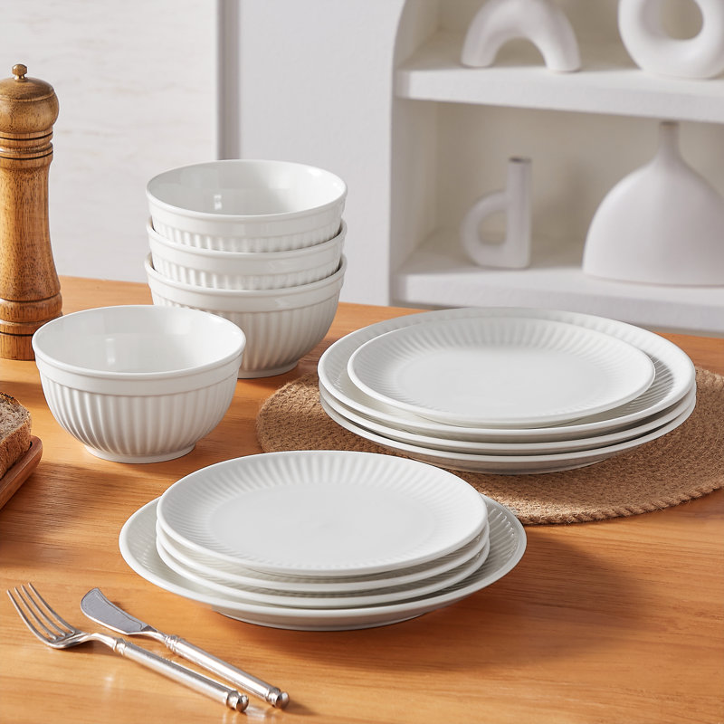 Service de table 12 pièces en céramique blanche 12 pièces - Service de table moderne en relief à nervures pour 4 personnes, comprenant assiettes, assiettes à salade et bols