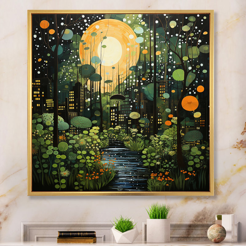 Green Yellow Urban Jungle I - Abstract Collages Wall Art Living Room, Cadre flottant doré, H 30 po x l 30 po x P 1 po