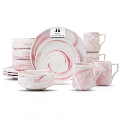 HomeVSS Fine China Artisan Marbled Dinnerware Set, 16-Piece Set for 4