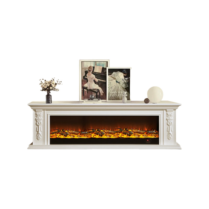 White Solid + Manufactured Wood Freestanding TV Cabinet Fireplace, White Solid