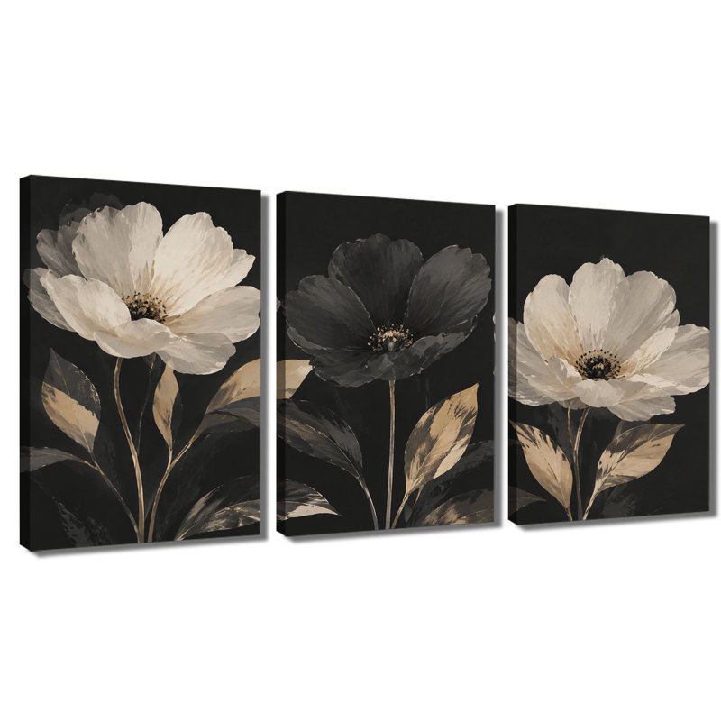Impression sur toile 3 panneaux muraux pivoines sur fond foncé, 24 * 36 pouces * 3