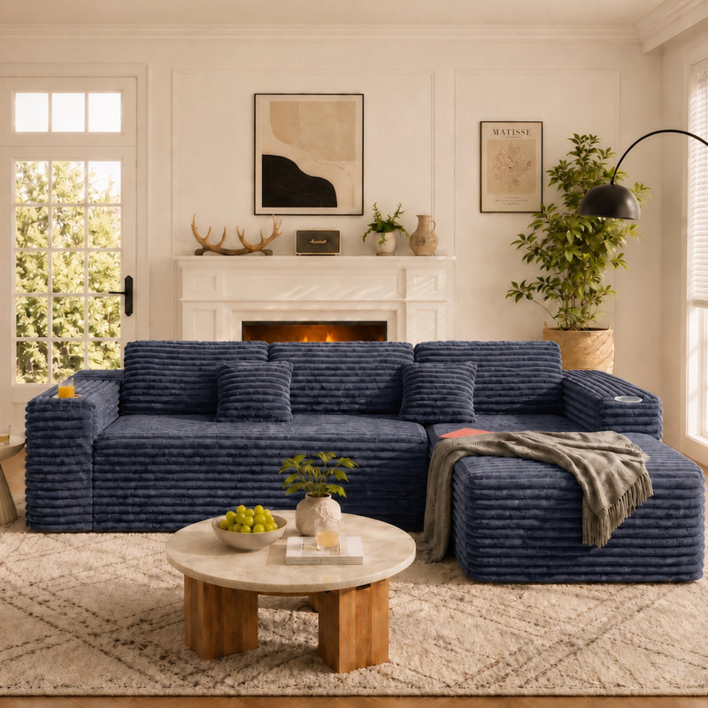 Boneless 106" L-Shape Sectional Couches For Living Room, Cloud Sofa With Chaise, Modern Upholstered Boneless Couch With Deep Seat, Cup Holder & Side Pocket, Sofa Pillows, No Assembly Required