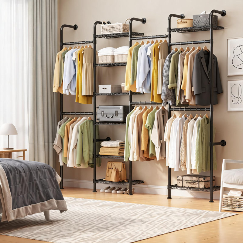 Tringle de rangement extensible murale en acier au carbone avec 8 tablettes pratiques en fil métallique et 6 tringles de suspension