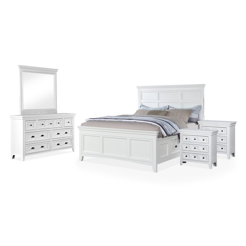 Genesha Bedroom Set, White, Queen, 5 Pcs: Bed, 2 Nightstands, Dresser, Mirror