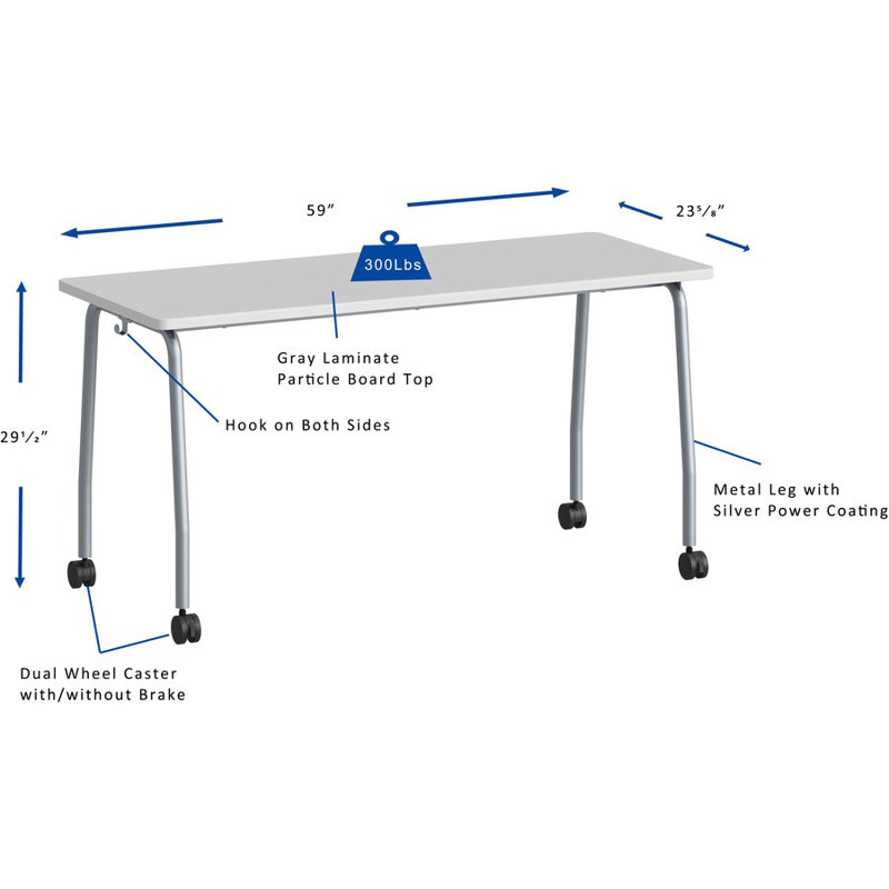 Table de formation avec roulettes, H 59 po x l 23,63 po x P 23,63 po, gris