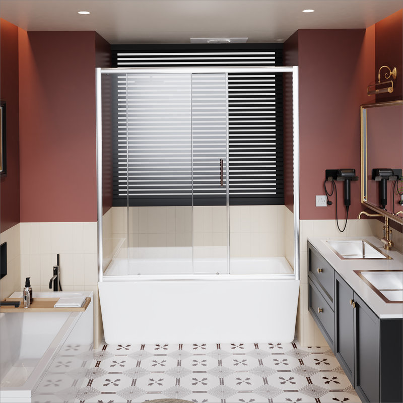 60.In W X 62.In H Single Sliding Shower Door For Bathtub, 1/5 Inch Thick Clear Tempered Glass Shower Door With Stainless Steel Handle