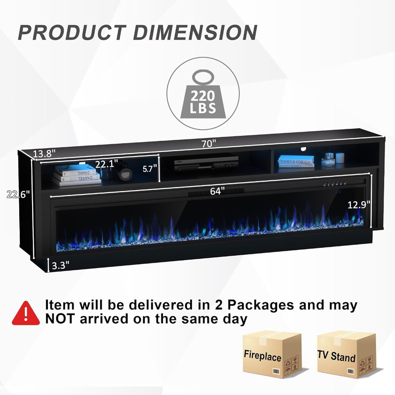 Fireplace TV Stand for TVs Up to 80" with 64" Electric Fireplace, TV Console for The Living Room, LED Light Entertainment Center, Storage Cabinet, Media Console Table