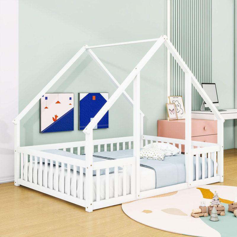 Wood House-Shaped Floor Bed With Guardrails, White, Full