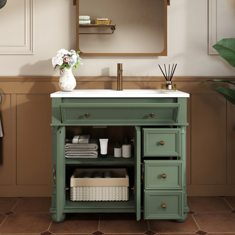Meuble-lavabo de salle de bain de style Mid-Century avec poignées en métal, colonnes romaines en bois massif et rangement pour accessoires