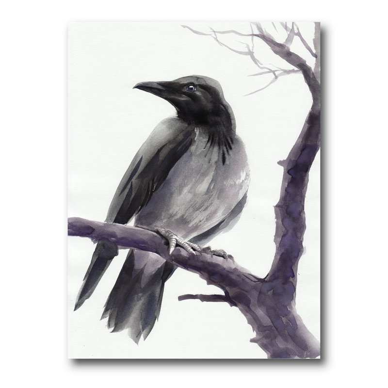 Grand corbeau sur une branche - Peinture sur toile, H 20 po x l 12 po x P 1po, Toile tendue