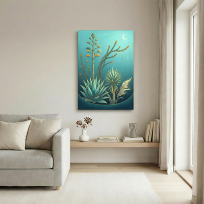 Toile agave sarcelle et yucca avec croissant de lune, art mural sur toile