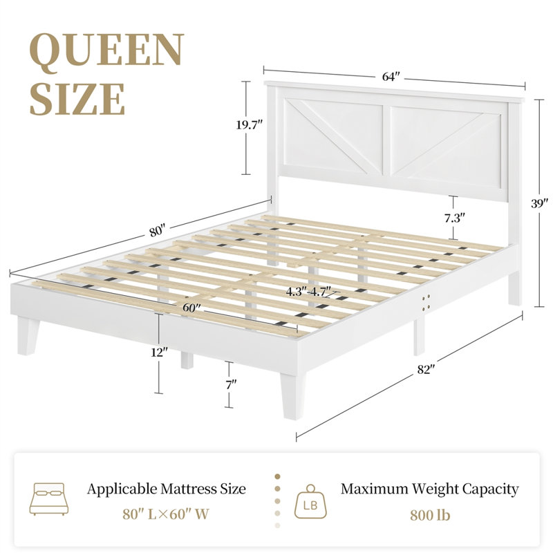 Structure de lit en bois multi-tailles avec tête de lit, aucun sommier nécessaire, Blanc, Grand