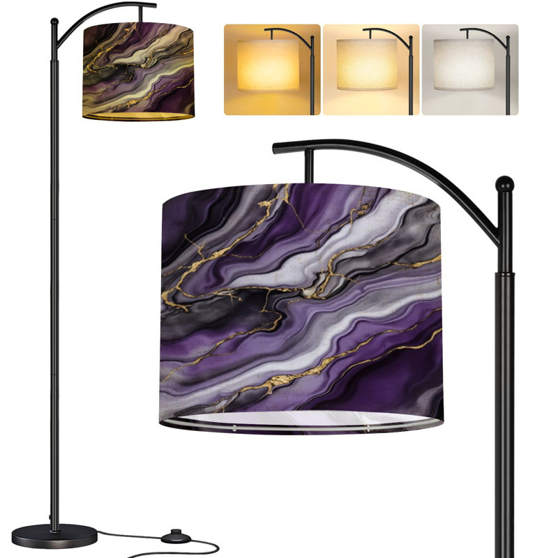  Lampe sur pied Arc améthyste couleur marbre texturé marbre mauve Grande lampe sur pied moderne DEL Abat-jour réglable en lin 3 températures de couleur