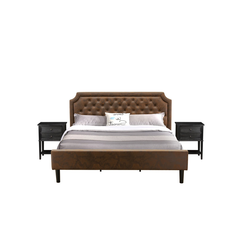 Ensemble de très grand lit 3 pièces avec structure de lit capitonnée et 2 tables de chevet noires brossées pour chambre à coucher - similicuir brun foncé avec texture noire et pieds noirs