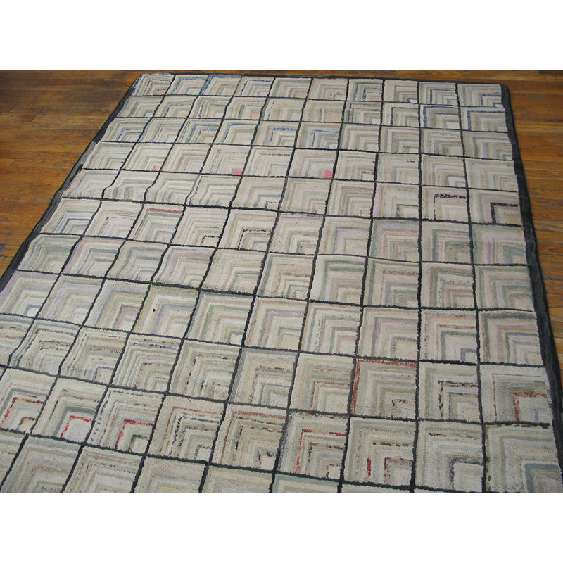 Light Ivory Color Antique American Folk Art Geometric Log Cabin Pattern Hooked Rug