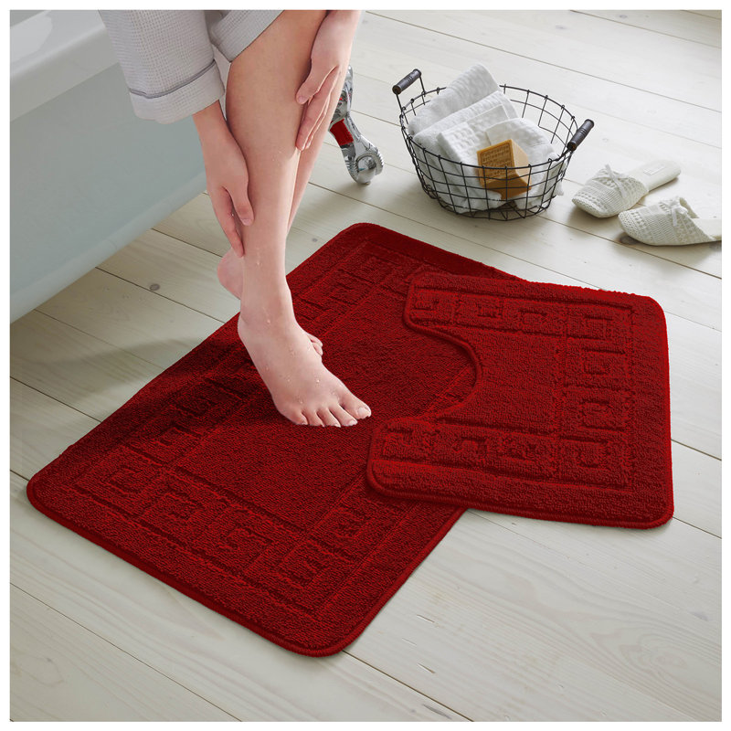 2 Piece Bathroom Rug Set Greek Key Pattern Bath Mat & Pedestal Mat Non Slip Rubber Back Soft Absorbent Mats, Red