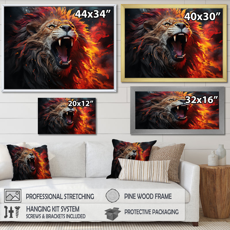 Lions rugissants - impression, Cadre flottant brun, H 16 po x l 32 po x P 1 po