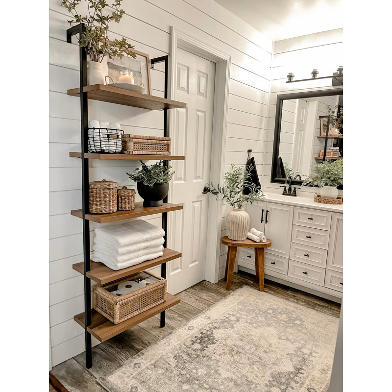 Andrea Manufactured Wood Standard Bookcase with 5 Shelves, Black Steel Frame / Oak Wood Shelf