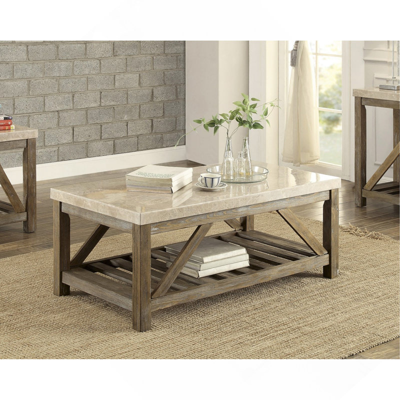 Table basse, table de cocktail industrielle à angle 1pc avec plateau inférieur et plateau en marbre blanc crème