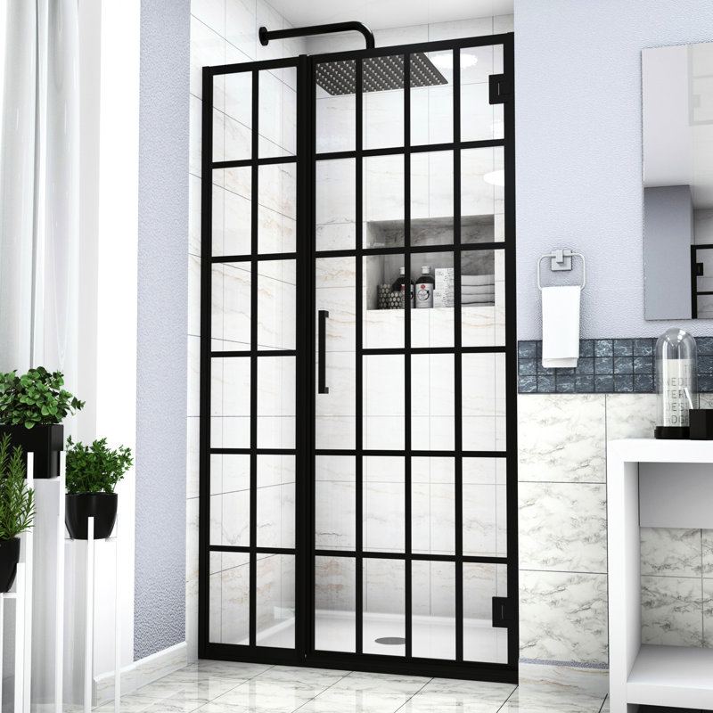Porte de douche en verre à motif 40 po x 72 po noir mat avec pivot et design pour salle de bain l 40 po x H 72 po, raffinée