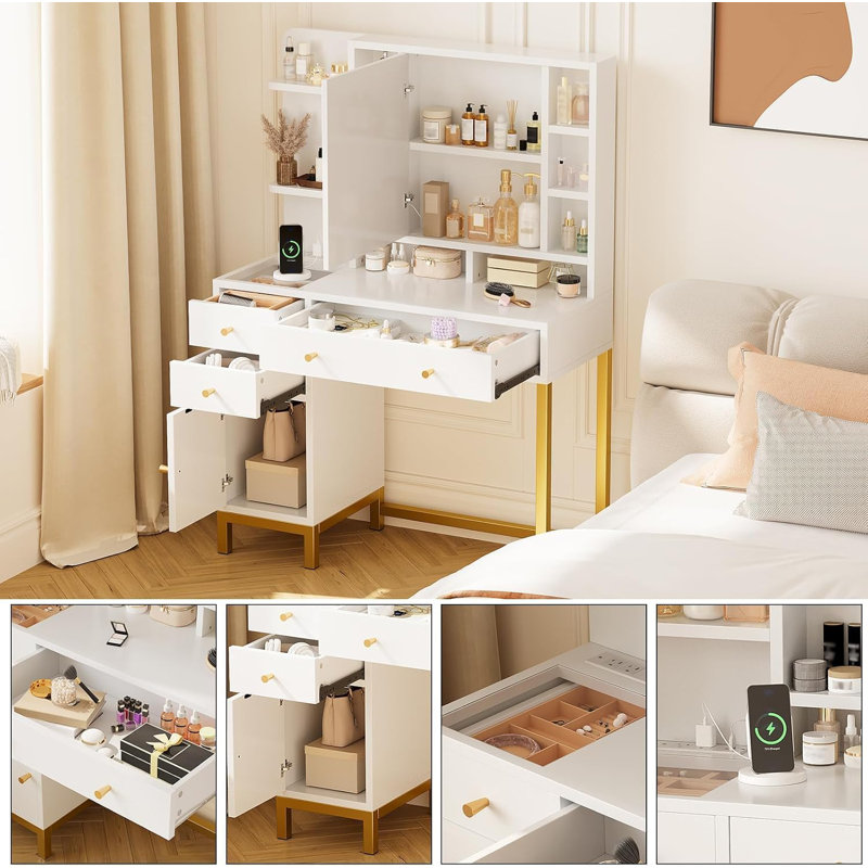 Vanity Desk Makeup Table with Mirror, LED Lights & Charging Station, Dressing Table for Women Girls Bedroom 3 Lighting Modes, Brightness Adjustable, White