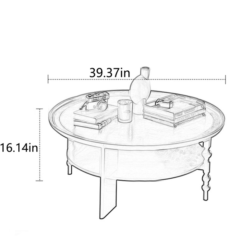 Solid wood rattan round creative tea table, 16.14" H x 39.37" L x 39.37" W