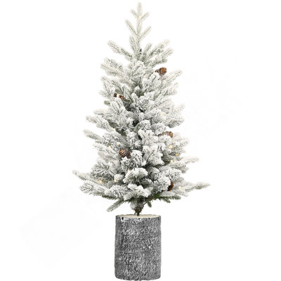 3FT Flocked Christmas Tree With Pot Base, 70 Warm White LED Lights, 365 Tips, PE+PVC Branches With 7 Pine Cones – Small Prelit Holiday Tree For Tabletop, Entryway, Or Home Decor