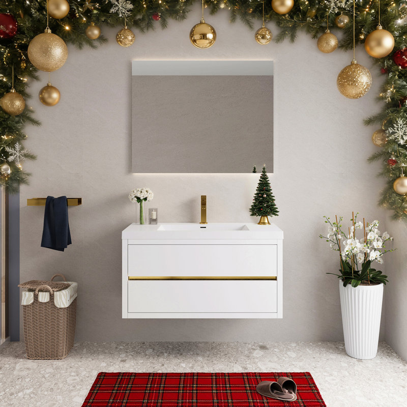Meuble-lavabo mural 42 po avec lavabo, armoire de rangement flottante avec comptoir en résine de pierre et tiroirs à fermeture en douceur entièrement assemblés