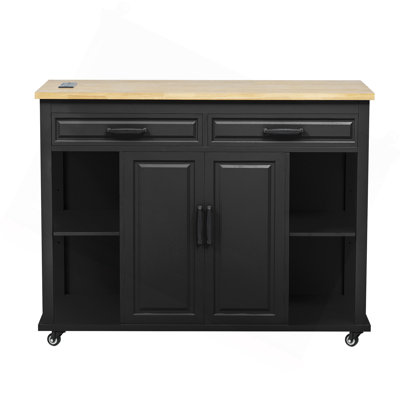 Îlot de cuisine de 47 po avec table de salle à manger extensible, table de cuisine en placage de bois d'hévéa avec support de rangement interne, prise de courant, îlot de cuisine avec rangement 2 tiroirs et 2 armoires