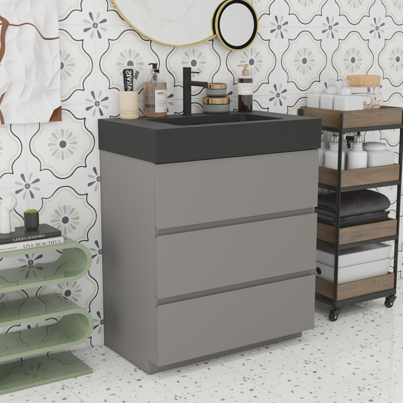 Modern Bathroom Large Storage Vanity, Black, Gray