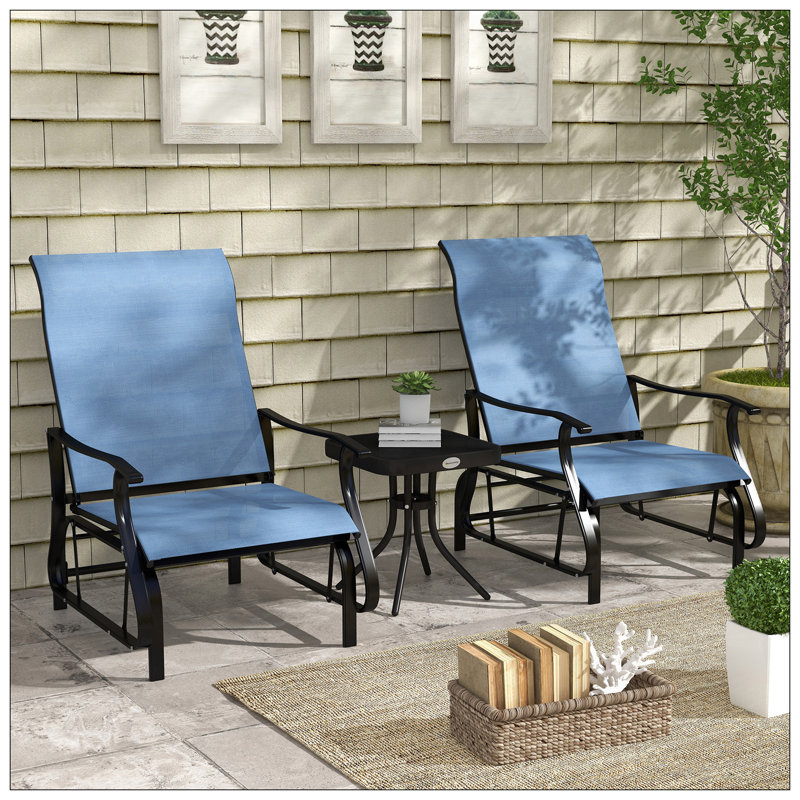 Outstanding 3-Piece Outdoor Gliders Set Bistro Set With Steel Frame, Tempered Glass Top Table For Patio, Garden, Backyard, Lawn, Light Blue