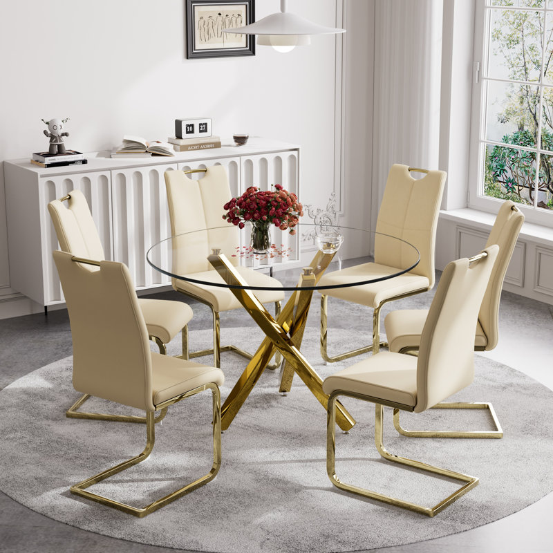 Ensemble de salle à manger 7 pièces, table et 6 chaises, Jaune / Or, H 29,52 po x L 39,3 po x l 39,3 po, Or