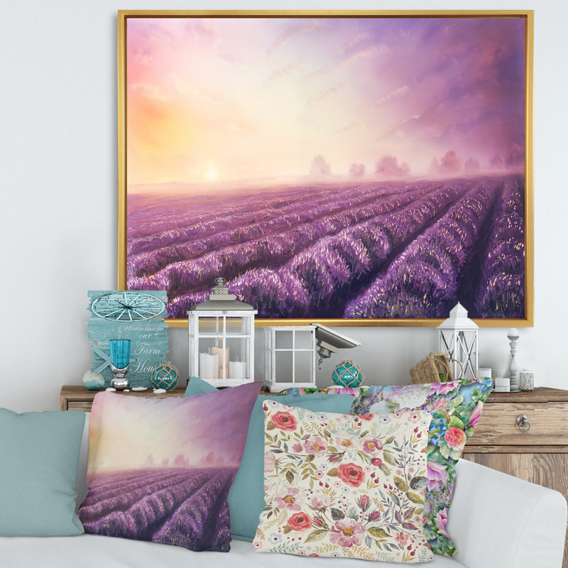 Lavender Fields pendant l'aube - reproduction sur toile, H 12 po x l 20 po x p 1 po, Toile encadrée d'or