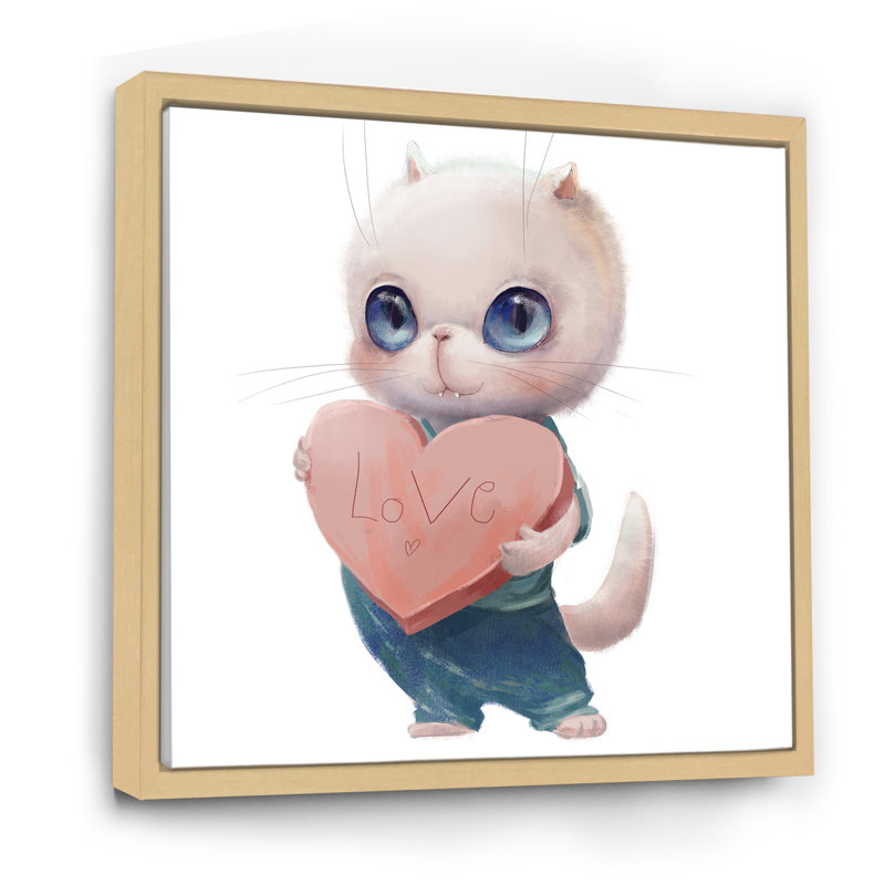 Mignon chat blanc avec cœur - reproduction d'art sur toile pour enfants, H 36 po x l 36 po x P 1 po, Cadre flottant érable