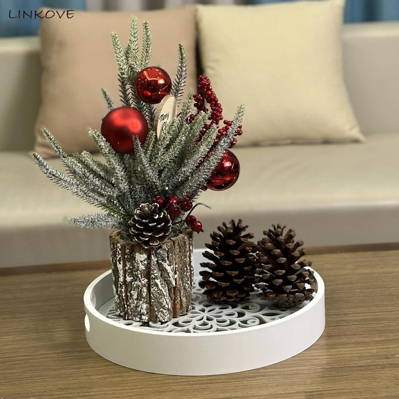 12" Round White Wooden Decorative Tray with Handles – Serving & Decor for Coffee Table, Ottoman, Counter